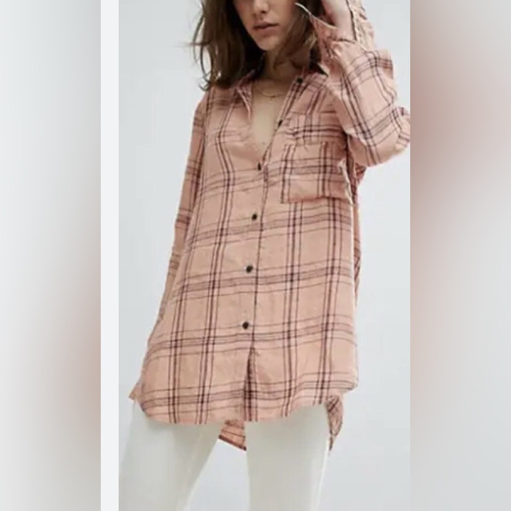 Free People‎ No Limits Oversized Linen Plaid Button Down Shirt Salmon Peach XS